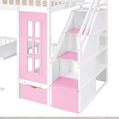 Harper & Bright Designs Twin Size Loft Bed with Stairs and Desk Pink
