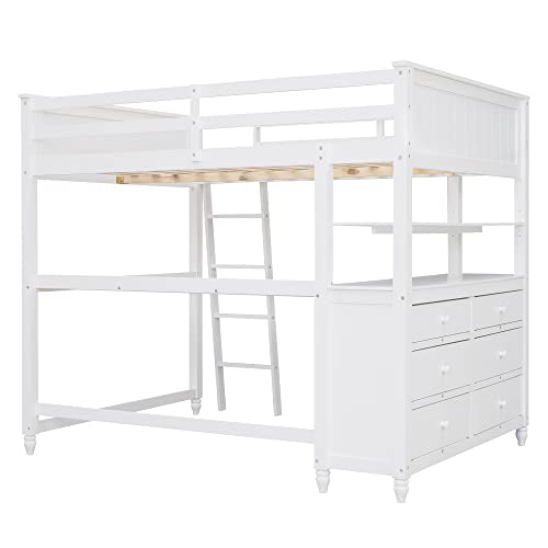 Harper & Bright Designs Full Size Loft Bed with Desk and Storage Drawers White