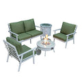 LeisureMod Walbrooke Modern Aluminum 5-Piece Patio Conversation Set with Firepit Table Green