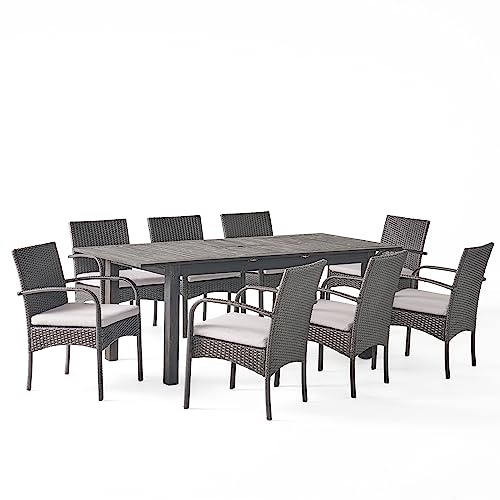 Christopher Knight Home Elmar Outdoor 9 Piece Wood and Wicker Dining Set Sandblasted Dark Gray + Gray