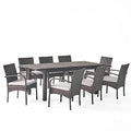 Christopher Knight Home Elmar Outdoor 9 Piece Wood and Wicker Dining Set Sandblasted Dark Gray + Gray