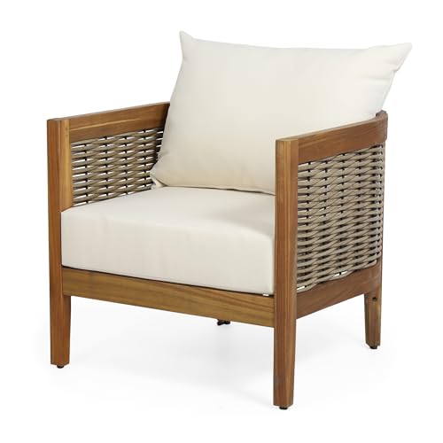 Merax Acacia Wood Wicker Club Chairs Set with Side Table Beige