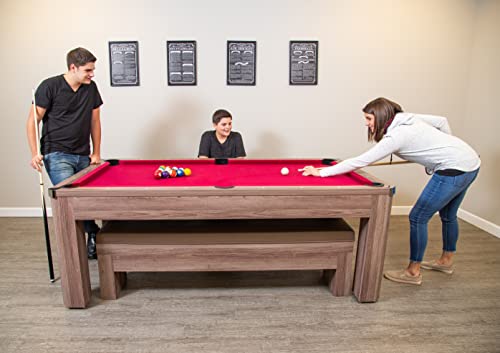 Hathaway Newport 7-ft Pool Table Tennis Combination with Dining Top, Two Storage Benches - Woodtone