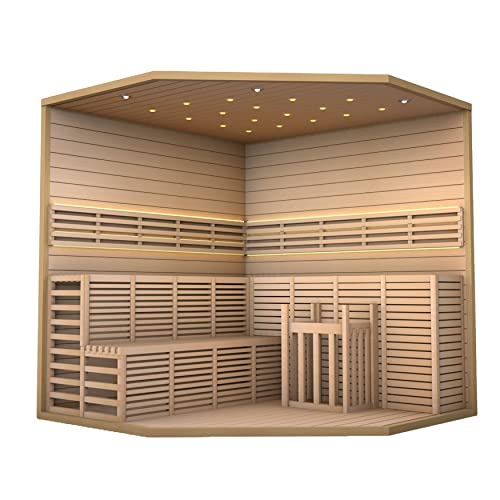 ALEKO Traditional Indoor Sauna Canadian Hemlock Wood 5-6 Person LED Lights Wet Steam Dry Sauna UL Certified 6kW Harvia Sauna Heater SEA5JIU