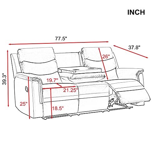 Eafurn Grey Faux Leather Double Recliner Loveseat Sofa with Console 78.74