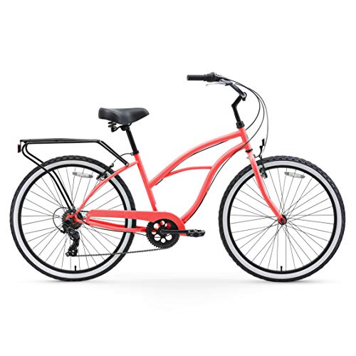 sixthreezero Women's Beach Cruiser Bike Around The Block Hybrid Bicycle Coral w/ Black Seat/Grips