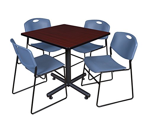 Regency Kobe 42-Inch Square Breakroom Table with 4 Zeng Stack Chairs Mahogany/Blue