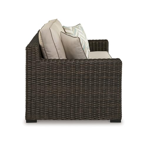 Benzara 71 Inch Outdoor Loveseat with 2 Throw Pillows Resin Wicker Brown Beige Black