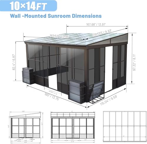 ANTSKU 10x14FT Wall Mounted Sunroom with Detachable Windows, Aluminum Solarium, Dark Brown