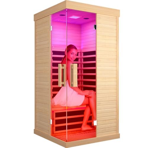 HAOYAYA Indoor Far Infrared Sauna Canadian Hemlock Single Person Spa with Oxygen Bar, 7 Color Therapy, 1420W Low-EMF