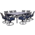 Hanover Montclair 11-Piece Patio Dining Set with 10 Swivel Rocker Chairs and Lumbar Pillows Navy Blue