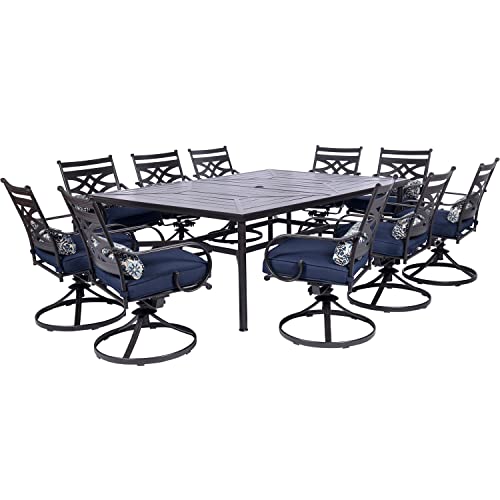 Hanover Montclair 11-Piece Patio Dining Set with 10 Swivel Rocker Chairs and Lumbar Pillows Navy Blue