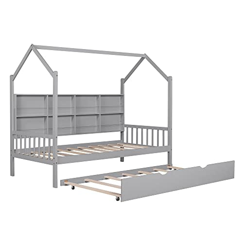 Acosure Metal House Bed Frame with Roof and Slats Support, Montessori Design, Full Size, Grey