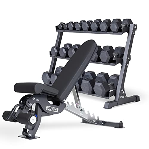 REP Rubber Hex Dumbbell Set 5-50 lbs with 3-Tier Rack and Adjustable Bench AB-3000 OptionB
