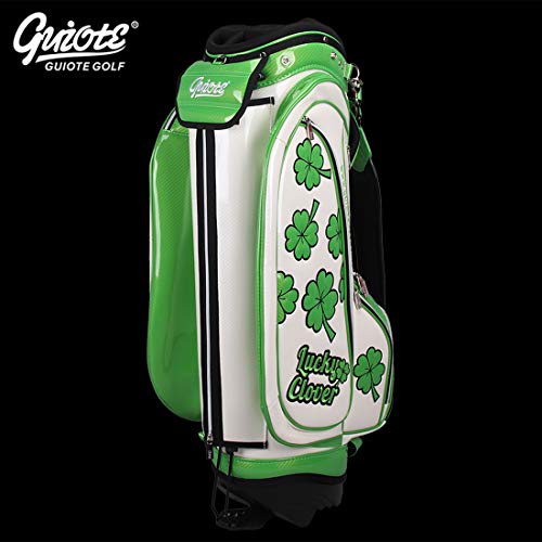 Guiote Golf Stand Bag Pu Leather Golf Carry Bag Embroidery Series 8-Ways 9.0" White Lucky Clover
