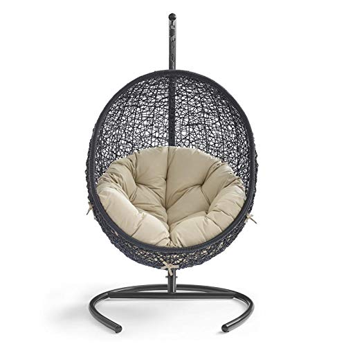 Modway Encase Wicker Rattan Outdoor Patio Swing Chair with Stand Black Beige