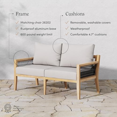 Nathan James Freya Bohemian Wood Loveseat Gray Cushion/Natural Brown Wood