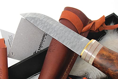 Outdoor Merchants Swedish Handmade Hunting Knife Karesuando Damascus Blade Curly Birch & Reindeer Antler