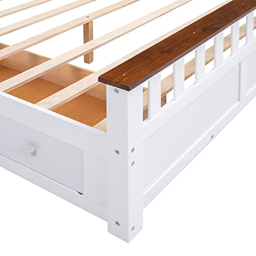 FAVSH Queen Size Wood Platform Bed with Drawers White/Walnut