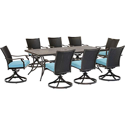 Hanover Traditions 9-Piece Outdoor Dining Set with 8 Cushioned Swivel Rocker Chairs and 42" x 84" Table Blue