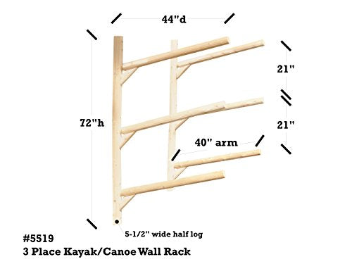 Log Kayak Rack 3 Place Wall Mount Kayak Canoe SUP Rack Natural Finish Natural