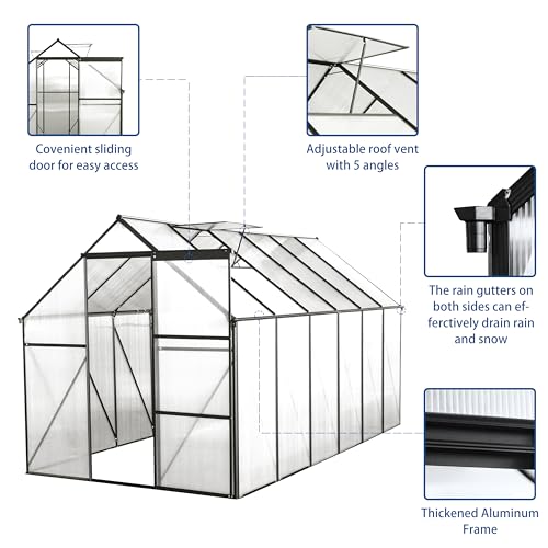 ACQCA 6x12 FT Polycarbonate Greenhouse with Sliding Door and Adjustable Roof Black