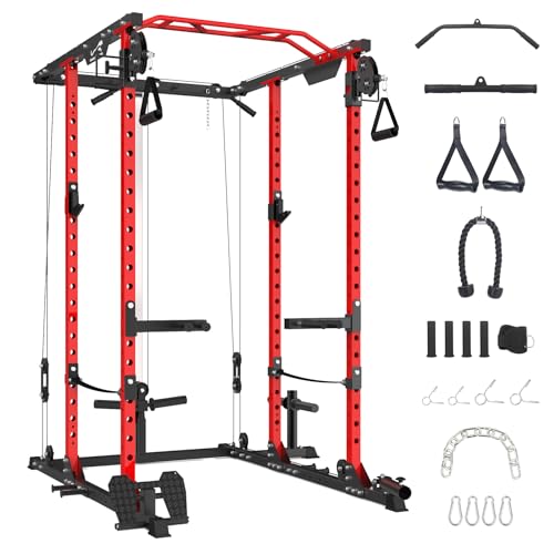 GOCAPTAIN Power Cage Multi-Functional Rack with Cable Cross-Over and Lat Pull Down Black/Red