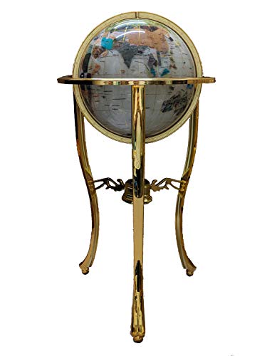 Unique Art Since 1996 Pearl Ocean Gemstone World Globe with Gold Tripod Pearl White