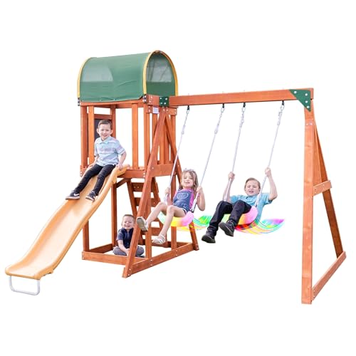 Sportspower TSC North Star Wooden Swing Set with LED Swings and 6ft Slide Brown and Green