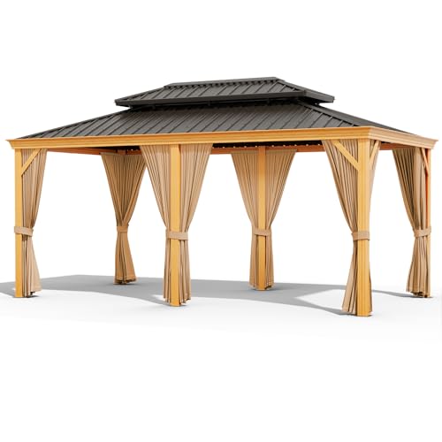 Euker 12x20 FT Outdoor Hardtop Gazebo Heavy-Duty Galvanized Steel Double Roof with Netting and Sunshade Curtains Wood Grain