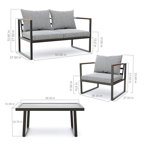EAST OAK 4-Piece Courtyard Patio Furniture Set with Sofa and Tempered Glass Table, Black & Grey