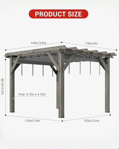 DEXSO 10' x 12' Cedar Wood Pergola with Retractable Shade Canopy Charcoal Gray
