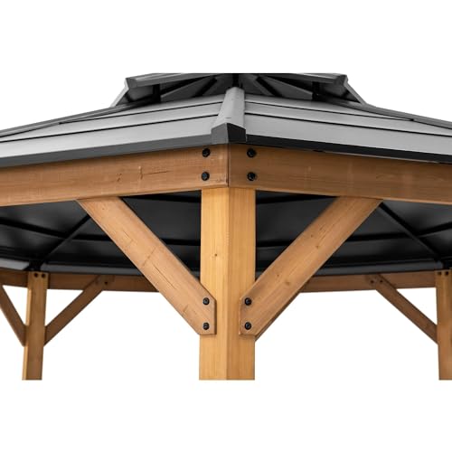 Sunjoy Ion Collection 13x13 ft Cedar Framed Octagon Wood Gazebo with Brown Steel Hardtop Roof