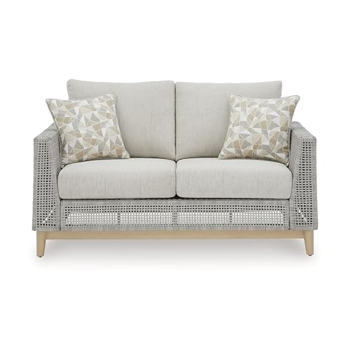 Benzara Yami 59 Inch Outdoor Loveseat with 2 Accent Pillows Gray and Brown