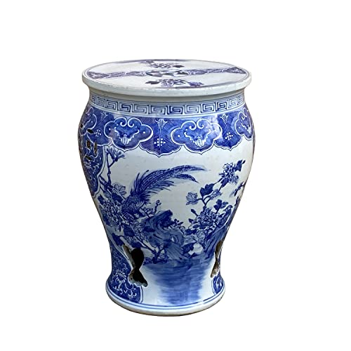 Orientliving Chinese Blue & White Porcelain Flower Birds Small Round Stool Table Blue White