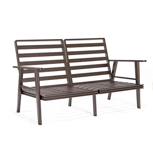 LeisureMod Walbrooke Modern 3-Piece Outdoor Set with Brown Aluminum Frame and Cushions Navy Blue