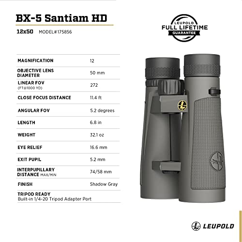 Leupold BX-5 Santiam HD 12x50mm Binoculars Shadow Gray