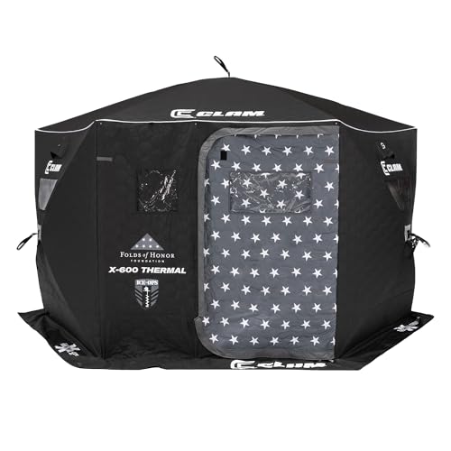 CLAM Thermal Ice Shelter 6 Person Insulated Winter Fishing Hub Tent X-600 Portable Popup Heated Camping House Black Ice Ops