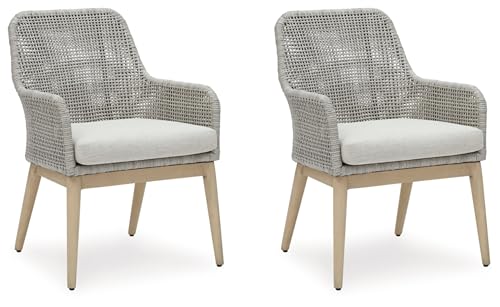Signature Design by Ashley Seton Creek Cottage Outdoor Dining Arm Chairs with Cushion, Set of 2 Light Brown & Light Gray