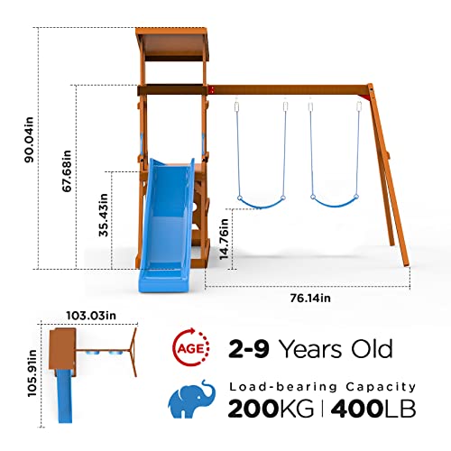 DOLPHIN PLAYGROUND T Wooden Swing Set with Slide and Climbing Wall, Outdoor Playset for Kids, Ages 2-9, Wood