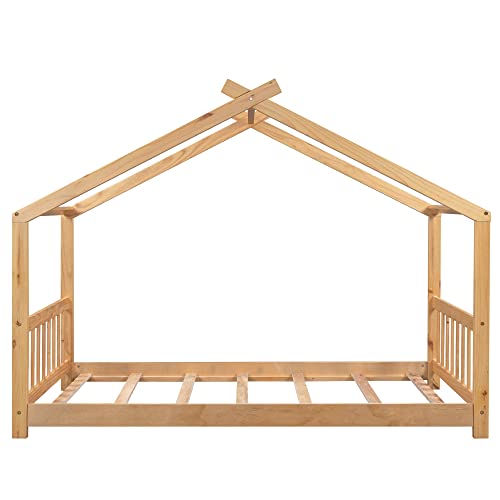Generic Roof House Platform Bed Frame with Headboard & Footboard Twin Natural
