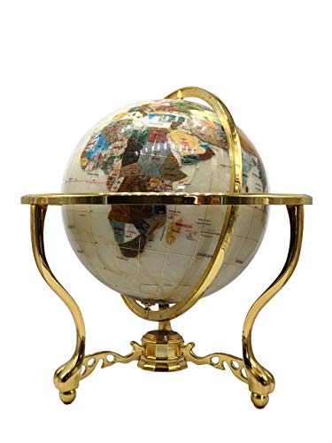 Unique Art Since 1996 Pearl Swirl Gemstone World Globe with Gold Stand Pearl White