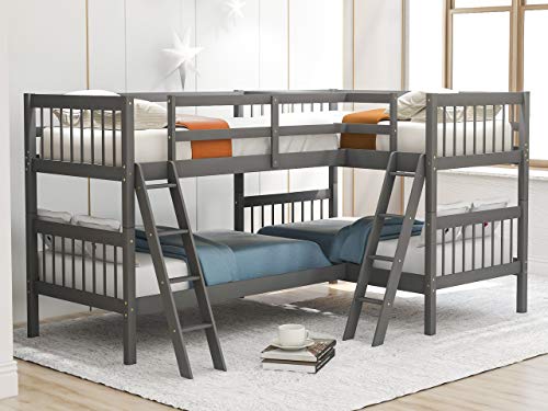 BOVZA L-Shaped Quad Bunk Bed Twin Size with Ladders & Guardrails Grey