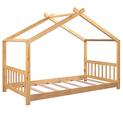 Generic Roof House Platform Bed Frame with Headboard & Footboard Twin Natural