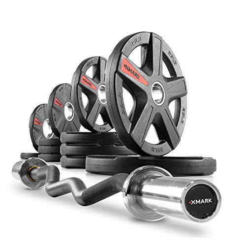 XMark Olympic Curl Bar with Weights 115 lb Set Texas Star Plates Blue
