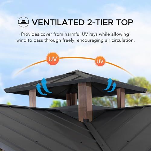 Sunjoy 12.5 x 12.5 ft. Hardtop Gazebo Outdoor Cedar Frame with Steel Roof Black