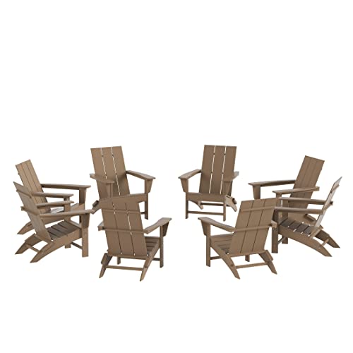 WestinTrends Ashore 8-Piece Modern Poly Folding Adirondack Chair Set Weathered Wood