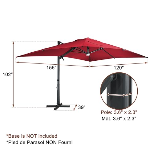 MONDAWE 10x13 ft Cantilever Umbrella with LED Light, 360° Rotation, Aluminum Frame Red (LED + Bluetooth)