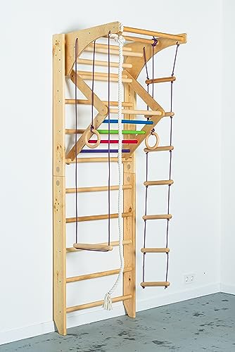 Generic Wooden Sport Ladder Set - Swedish Ladder w/Pull Up Bar, Rope Attachments, Monkey Triangle - Wall Stall Bars (Adjustable Pull Up Bar)