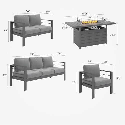 Solaste Aluminum Patio Furniture Set with Fire Pit Table, 7 Seats, Water-Resistant Cushions Grey